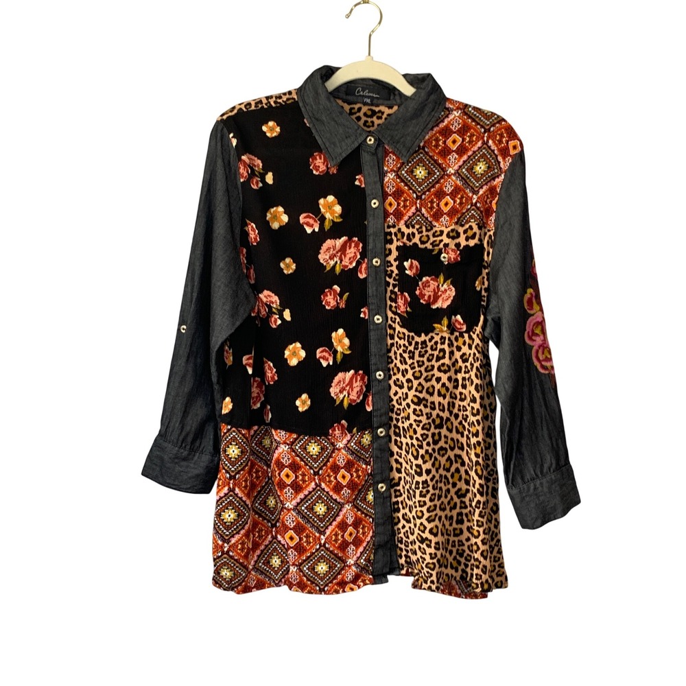 Caleoas Button Down‎ Shirt Patchwork Floral Leopard Print Embroidered PXL